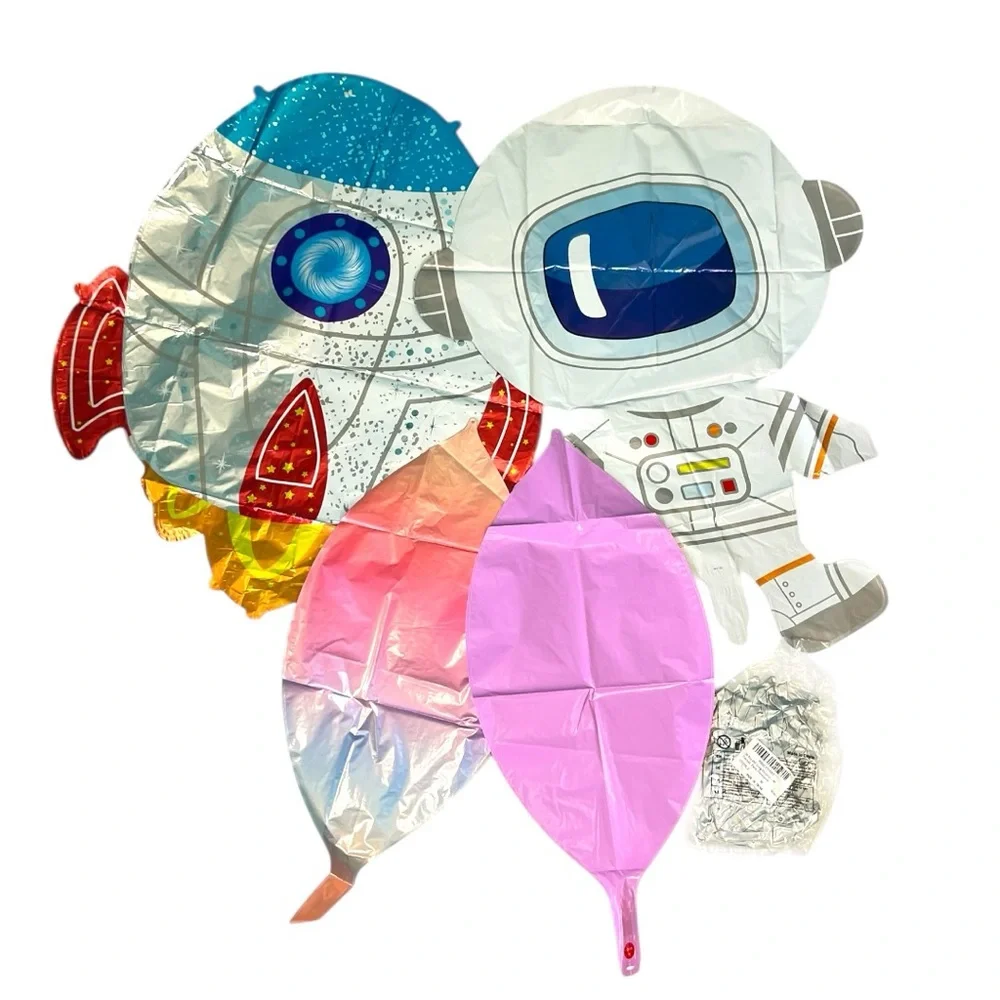 Space Themed Foil Balloons Set of 4 and Long Silver Metallic Balloons Pack of 50